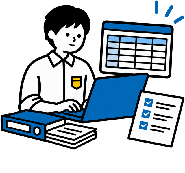 一覧表やリストの情報を整理して更新するイラスト