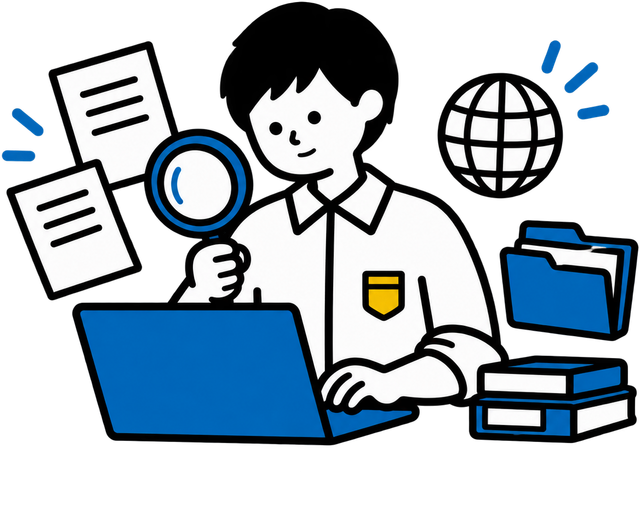 決めた条件で情報を調べ、出典付きの一覧へ整理するイラスト