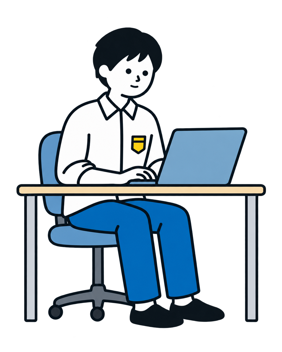 パソコンに向かって作業する田中悠茉のイラスト
